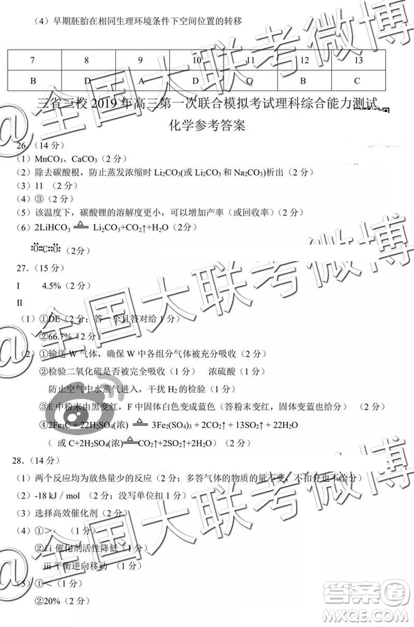 2019年東北三省三校高三一?？荚?yán)砜凭C合答案