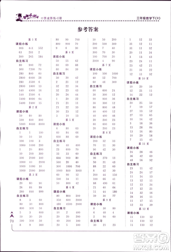 2019春黃岡小狀元口算速算練習(xí)冊三年級數(shù)學(xué)下冊人教版答案