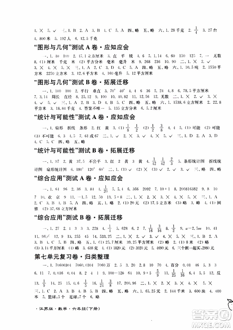 2019春江蘇密卷數(shù)學(xué)六年級下冊江蘇版參考答案