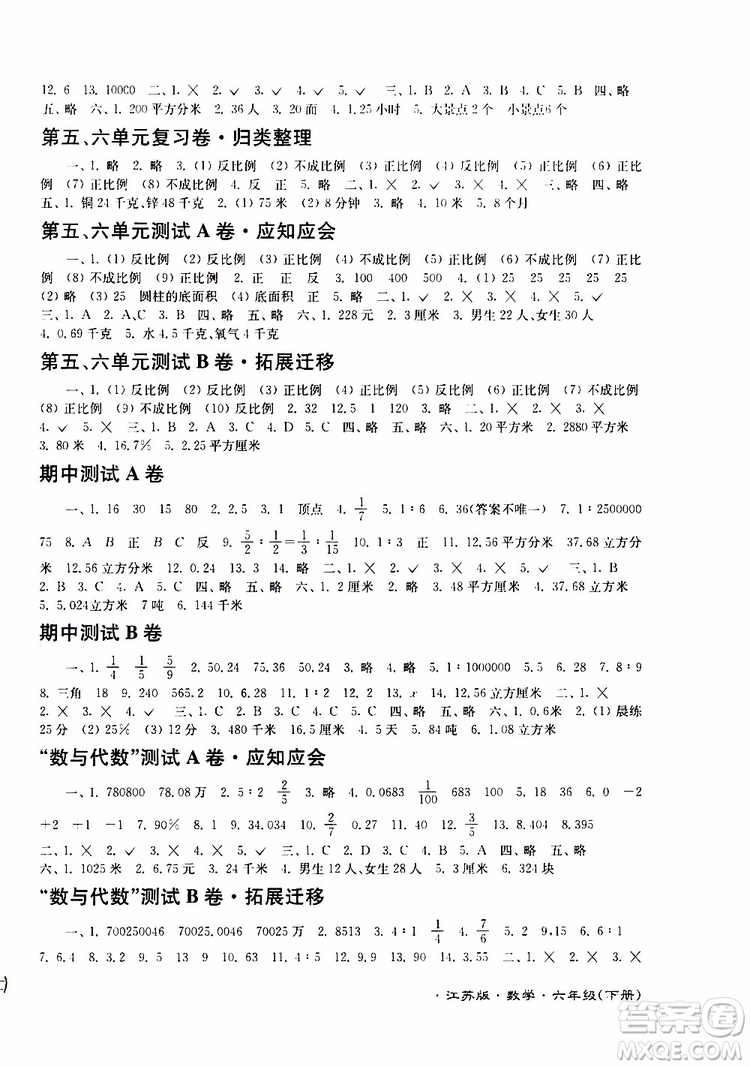 2019春江蘇密卷數(shù)學(xué)六年級下冊江蘇版參考答案
