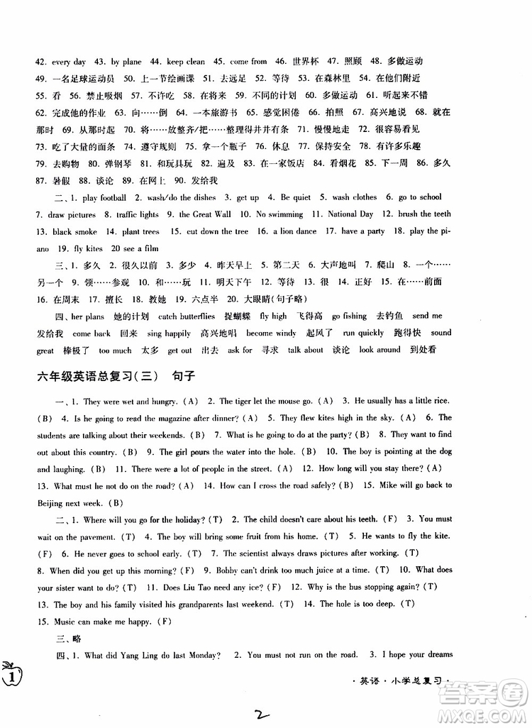 東南大學(xué)出版社2019年江蘇密卷六年級英語小學(xué)總復(fù)習(xí)參考答案
