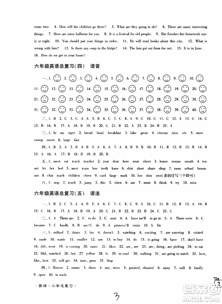 東南大學(xué)出版社2019年江蘇密卷六年級英語小學(xué)總復(fù)習(xí)參考答案