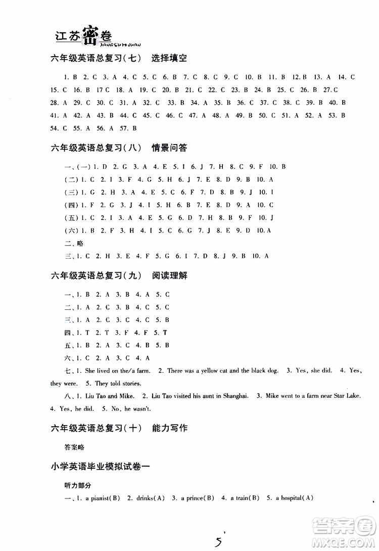 東南大學(xué)出版社2019年江蘇密卷六年級英語小學(xué)總復(fù)習(xí)參考答案