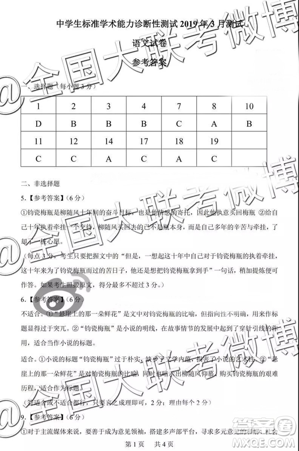 中學(xué)生標(biāo)準(zhǔn)學(xué)術(shù)能力診斷性測試2019年3月測試語文參考答案