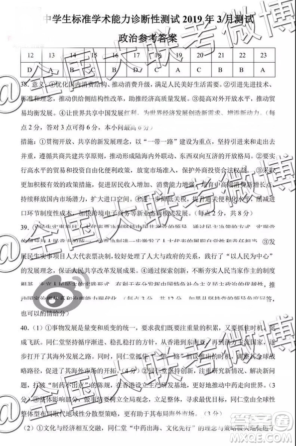 2019年3月測試中學(xué)生標(biāo)準(zhǔn)學(xué)術(shù)能力診斷性測試文綜參考答案