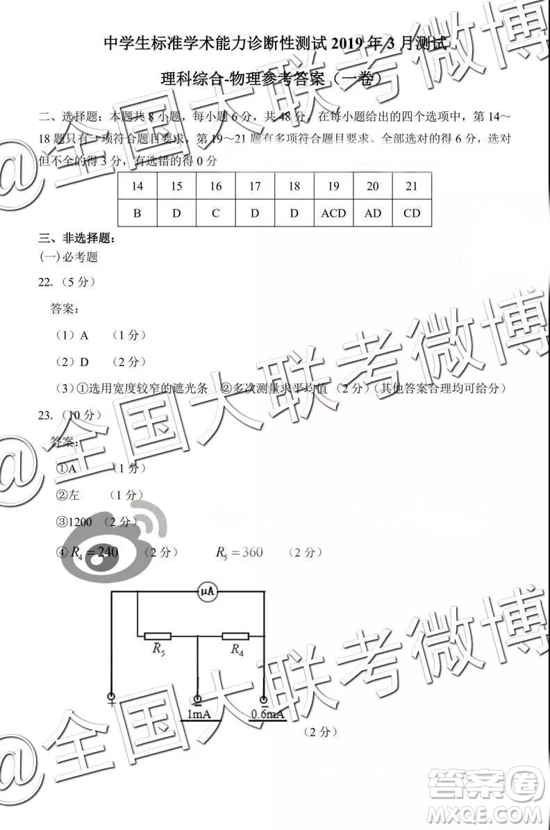 中學生標準學術(shù)能力診斷性測試2019年3月測試理綜參考答案