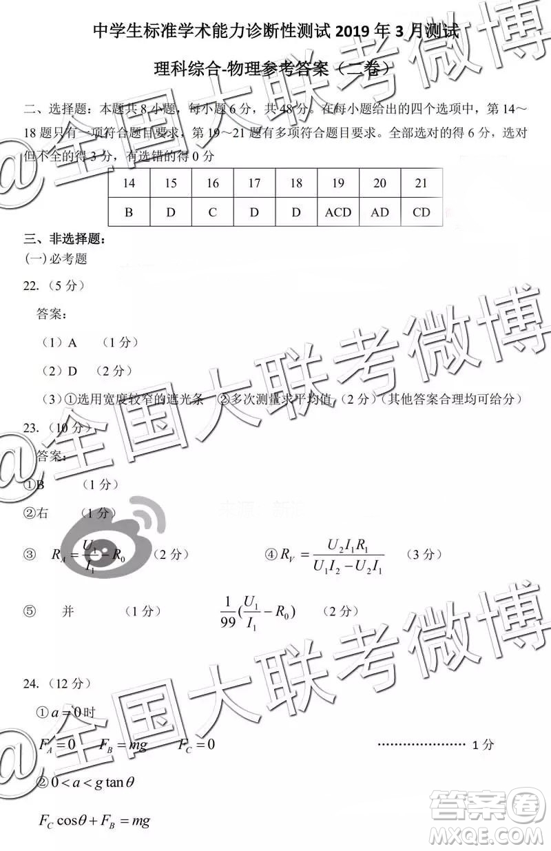 中學生標準學術(shù)能力診斷性測試2019年3月測試理綜參考答案
