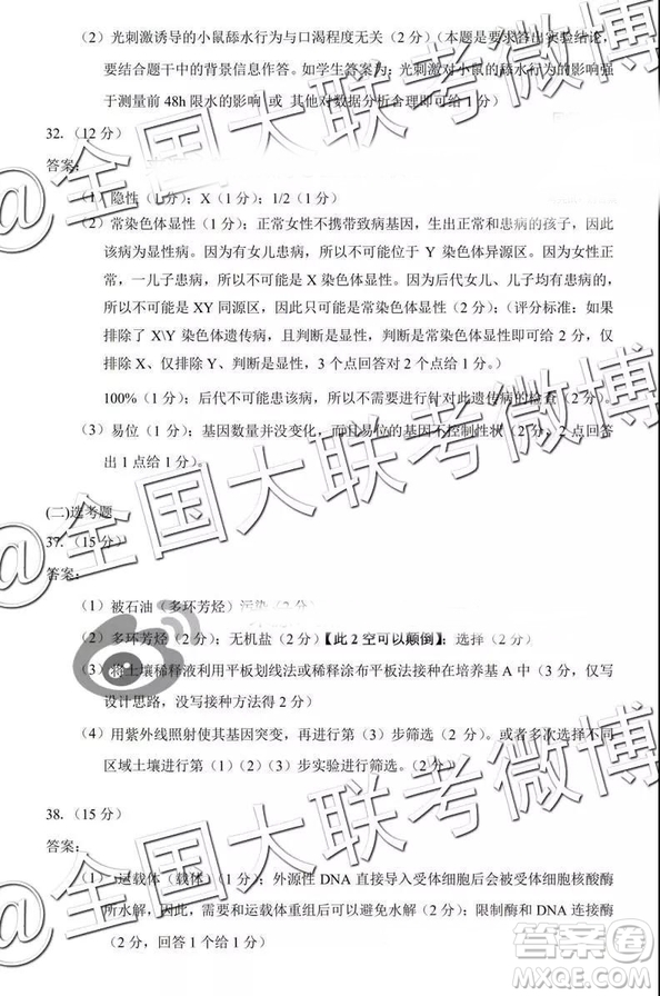 中學生標準學術(shù)能力診斷性測試2019年3月測試理綜參考答案