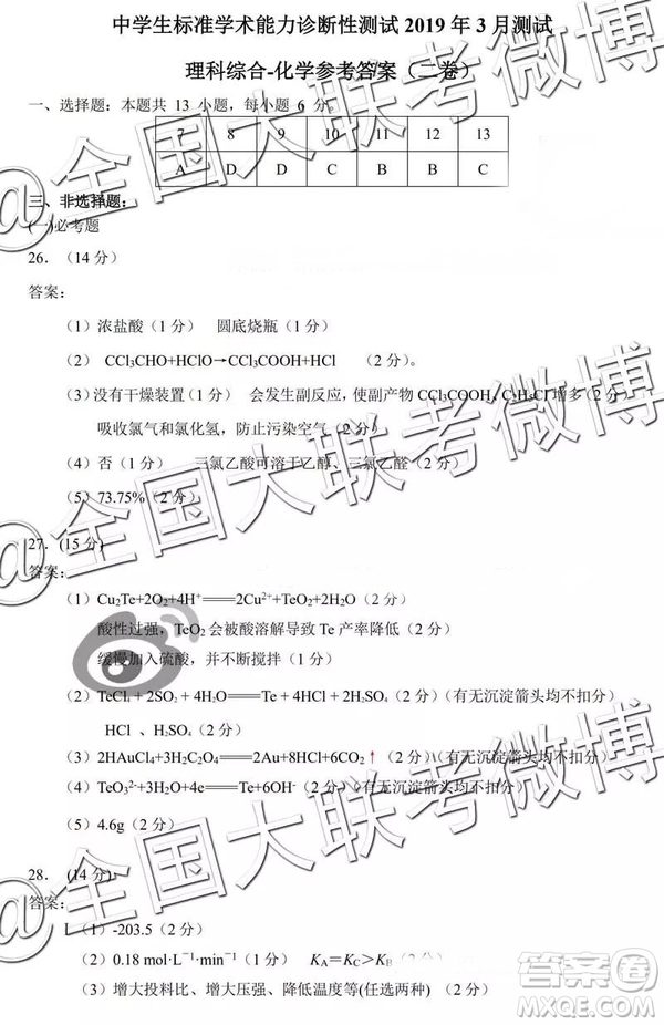 中學生標準學術(shù)能力診斷性測試2019年3月測試理綜參考答案