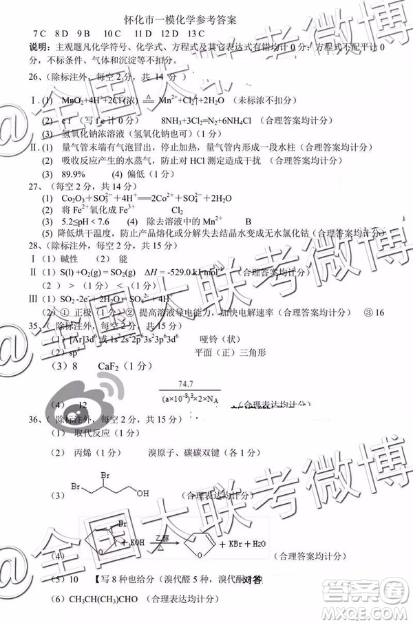 2019年懷化市高三一模理科綜合參考答案