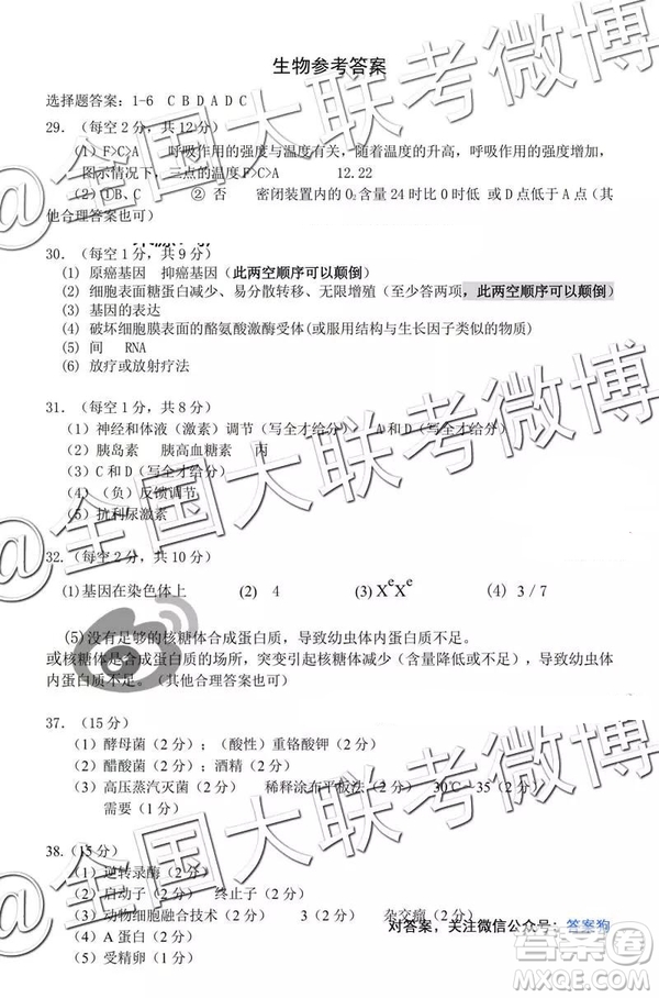 2019年懷化市高三一模理科綜合參考答案