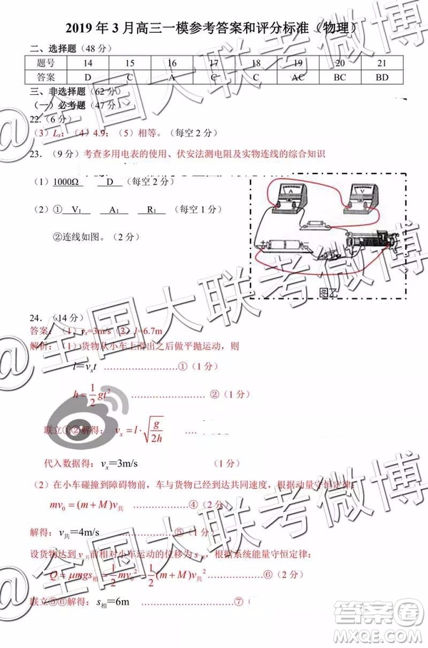2019年懷化市高三一模理科綜合參考答案