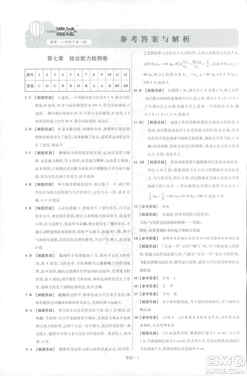 天星教育2019新版一遍過(guò)八年級(jí)下冊(cè)物理9787565130038人教版RJ版答案