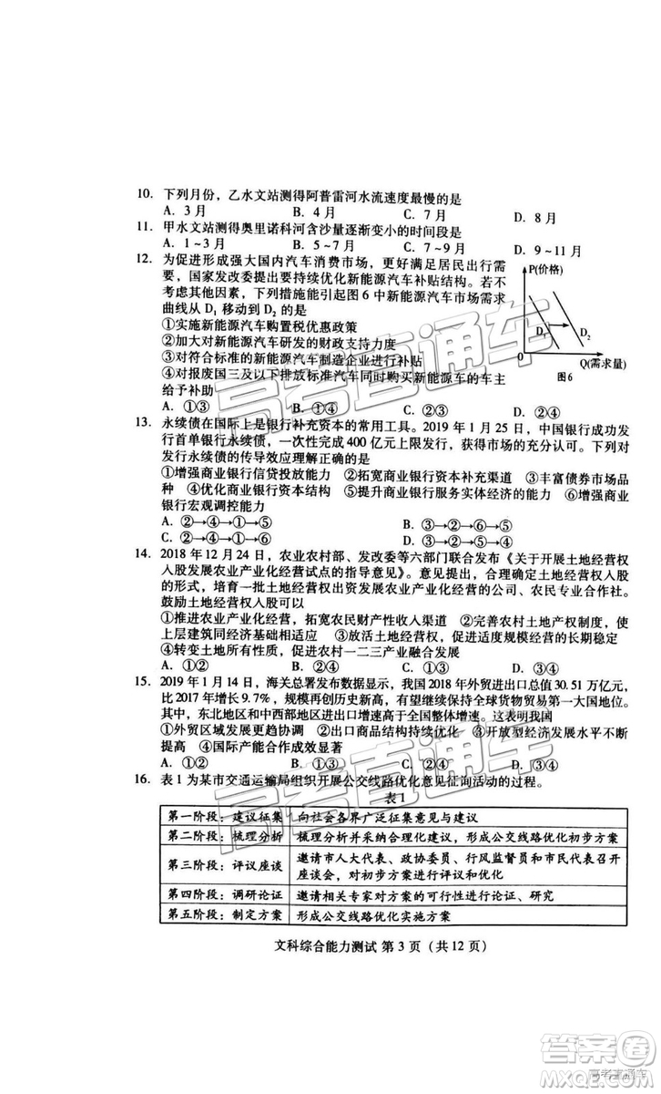 2019年3月濰坊一模文綜、理綜試題及參考答案