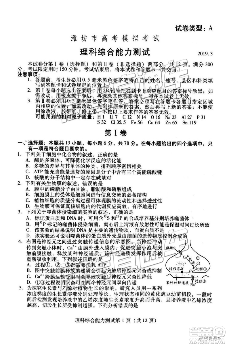 2019年3月濰坊一模文綜、理綜試題及參考答案