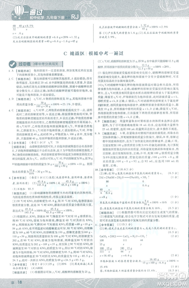 2019版一遍過初中化學(xué)九年級下冊RJ人教版南京師范大學(xué)出版社答案