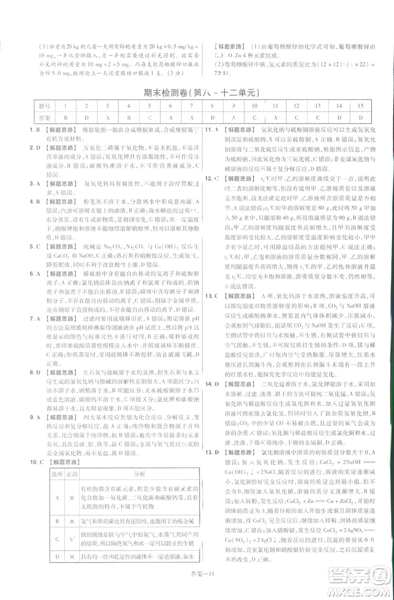 2019版一遍過初中化學(xué)九年級下冊RJ人教版南京師范大學(xué)出版社答案