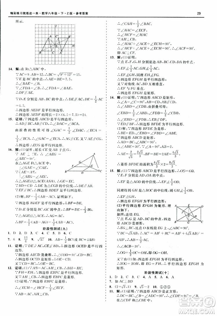 2019年精彩練習(xí)階段性測(cè)試數(shù)學(xué)Z版八年級(jí)下參考答案