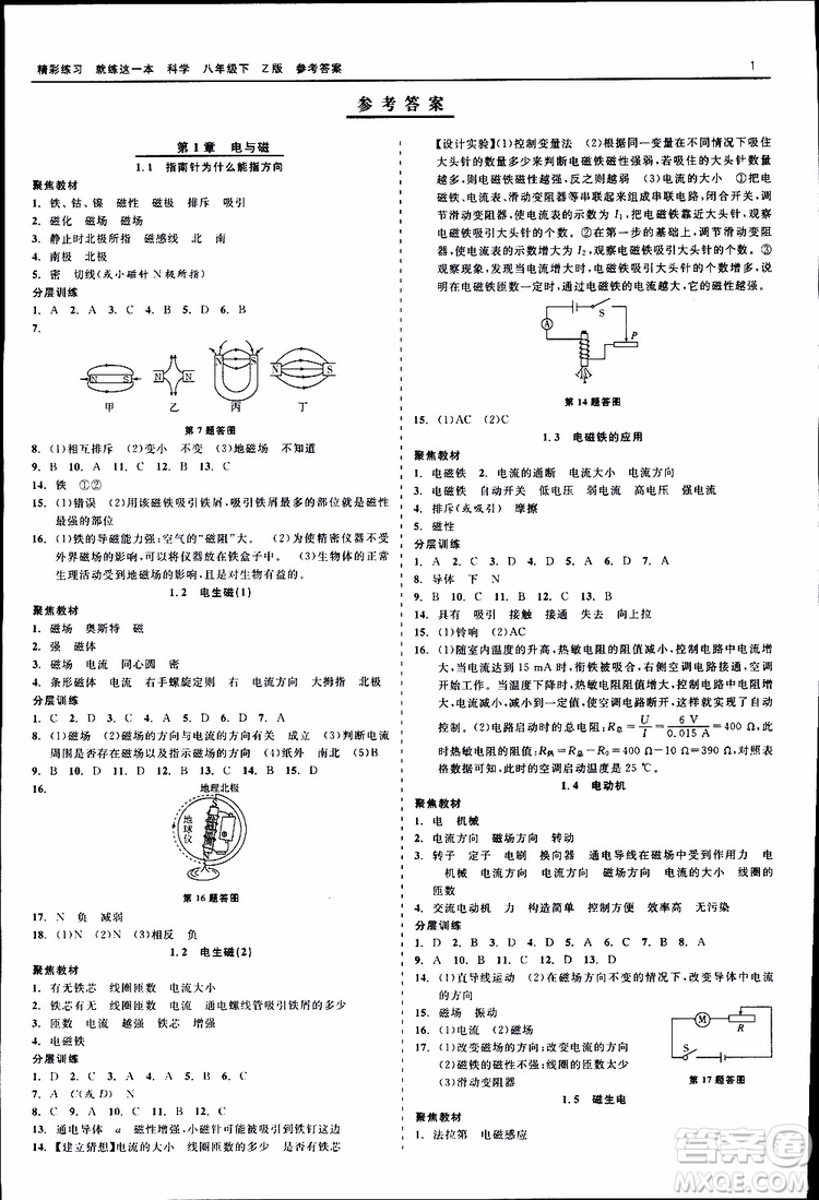 2019春精彩練習就練這一本八年級下科學Z版浙教版9787517814139參考答案