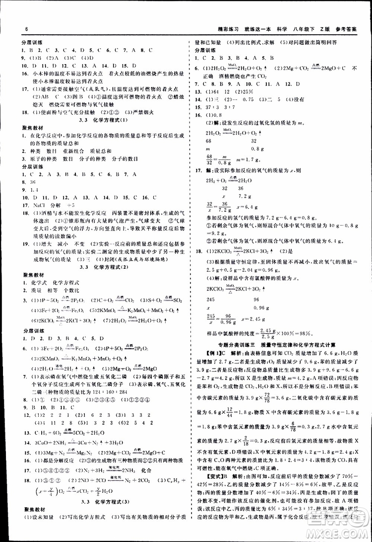 2019春精彩練習就練這一本八年級下科學Z版浙教版9787517814139參考答案