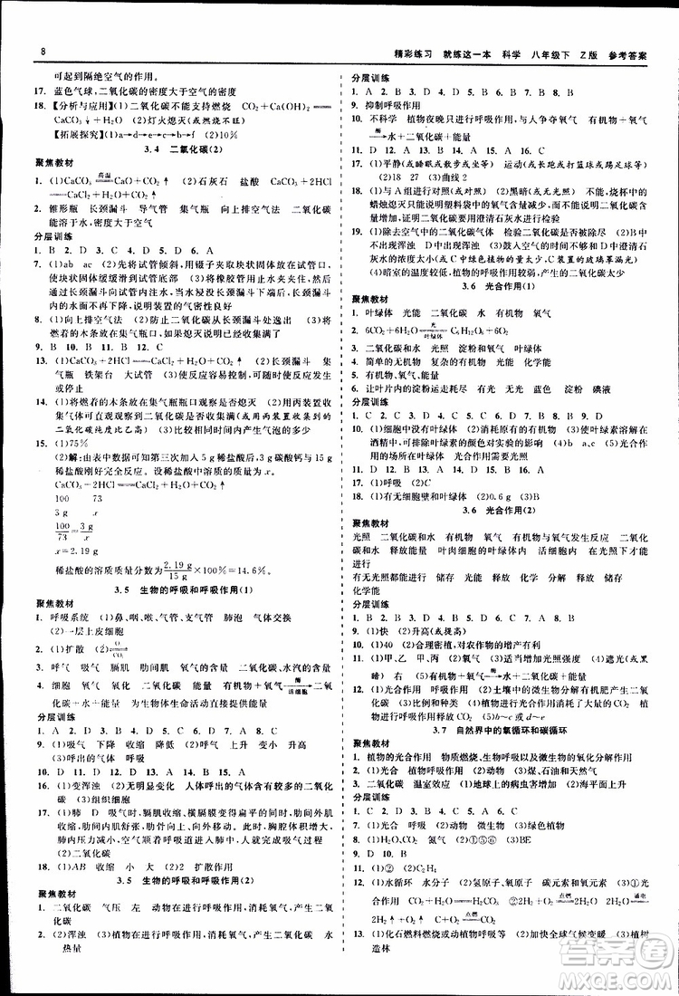 2019春精彩練習就練這一本八年級下科學Z版浙教版9787517814139參考答案