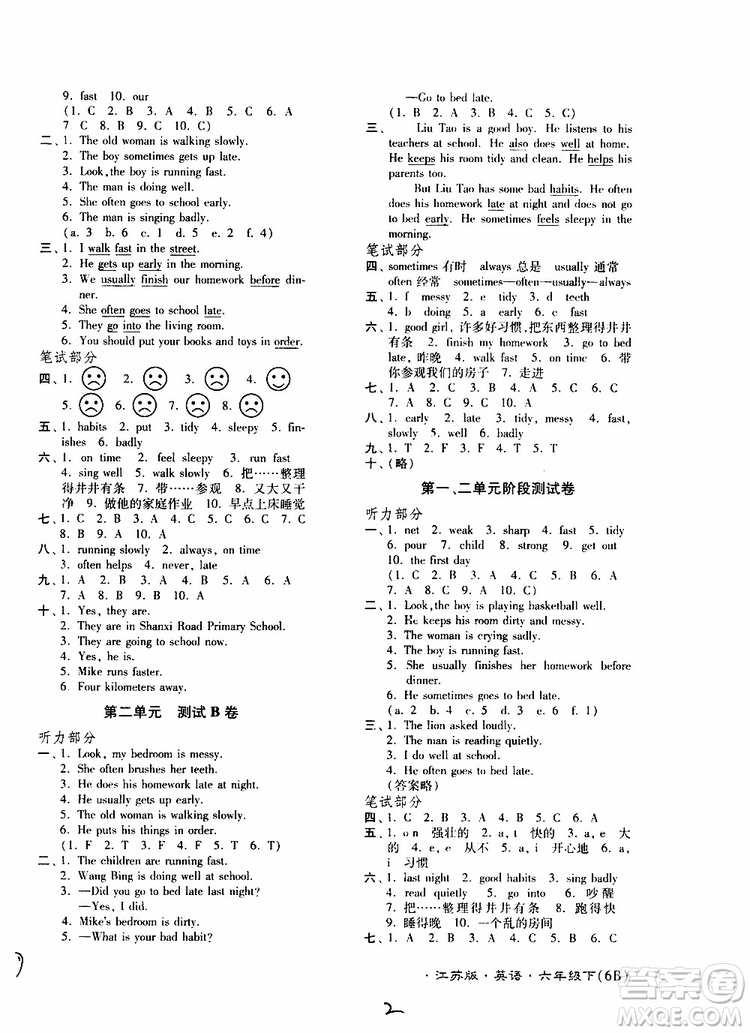 江蘇密卷2019年六年級下冊英語譯林版江蘇版參考答案