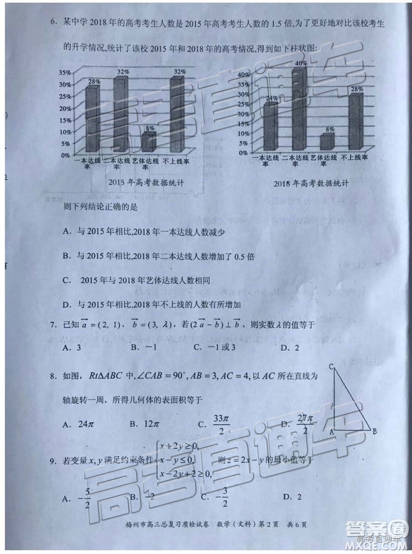 2019年3月梅州一模數(shù)學(xué)試題及參考答案