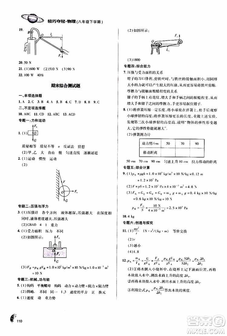 金博士2019年輕巧奪冠八年級(jí)物理下冊(cè)青島專(zhuān)版參考答案