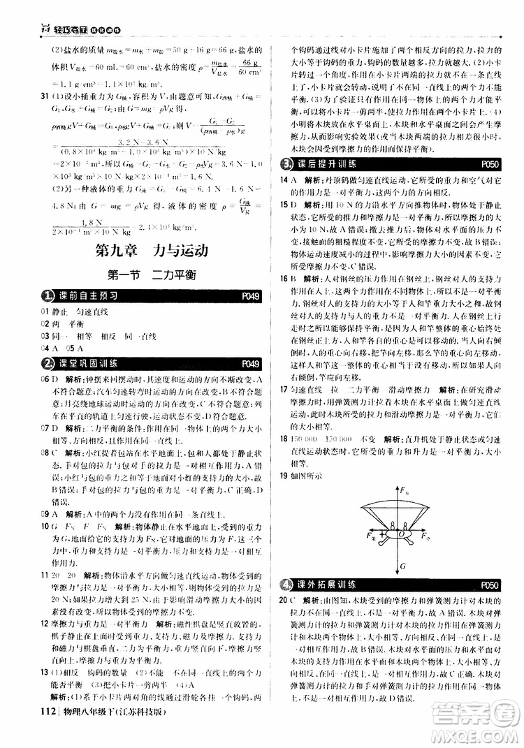江蘇科技版銀版2019春1+1輕巧奪冠優(yōu)化訓(xùn)練八年級(jí)下冊(cè)物理參考答案