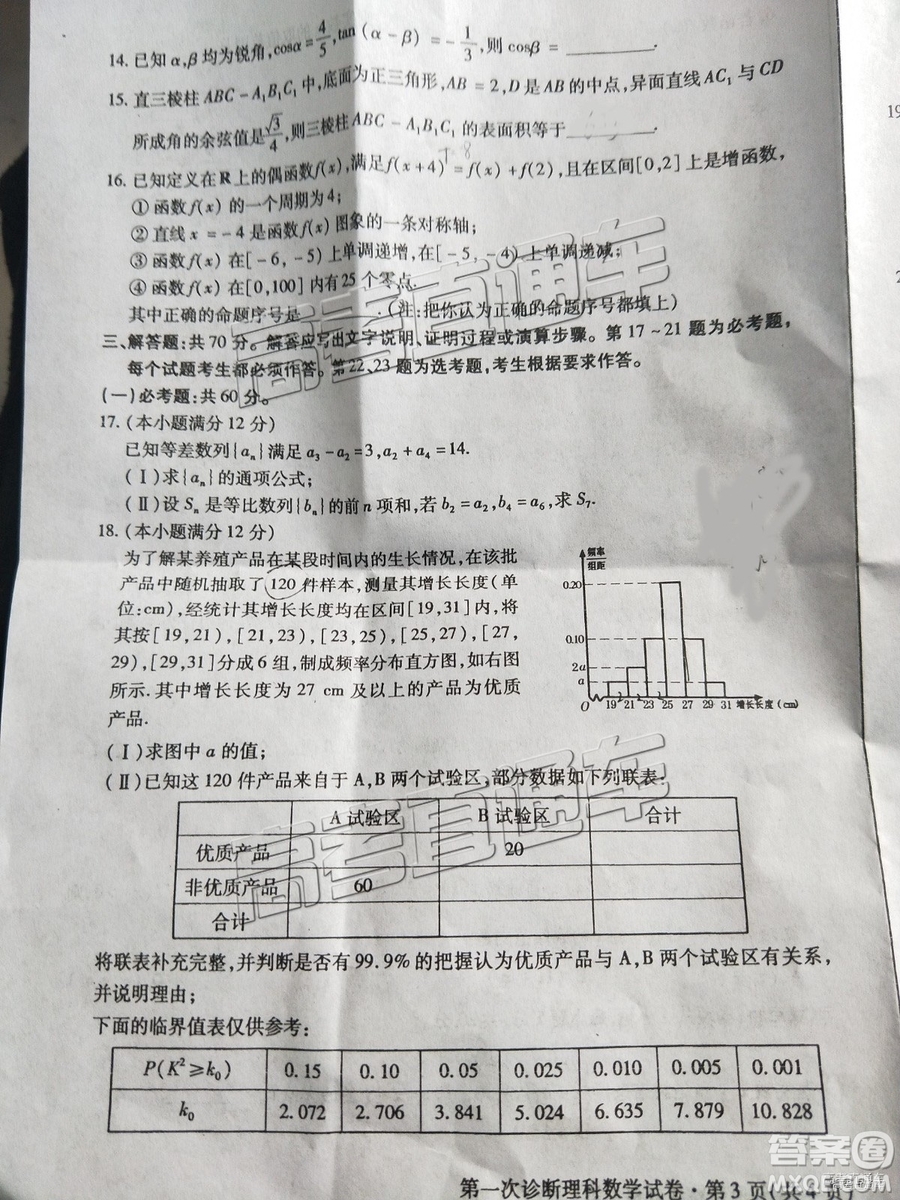 2019年3月高三甘肅一診數(shù)學(xué)參考答案