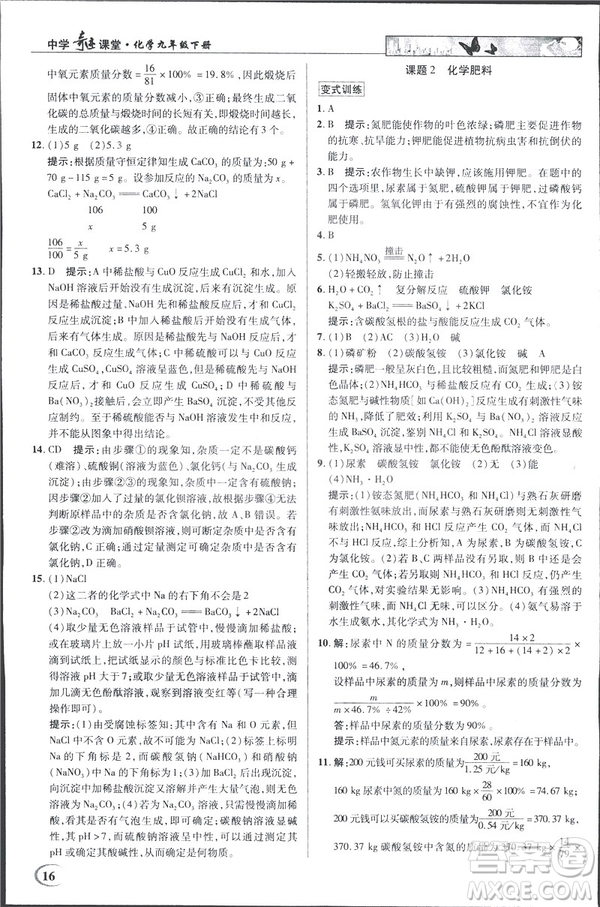 2019春新世紀(jì)英才教程人教版中學(xué)奇跡課堂九年級化學(xué)下冊答案