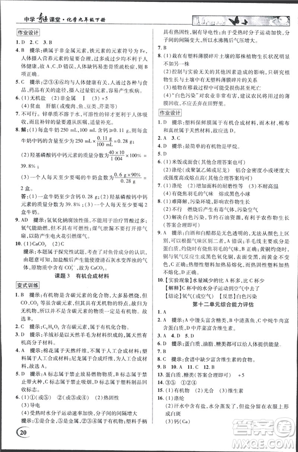 2019春新世紀(jì)英才教程人教版中學(xué)奇跡課堂九年級化學(xué)下冊答案