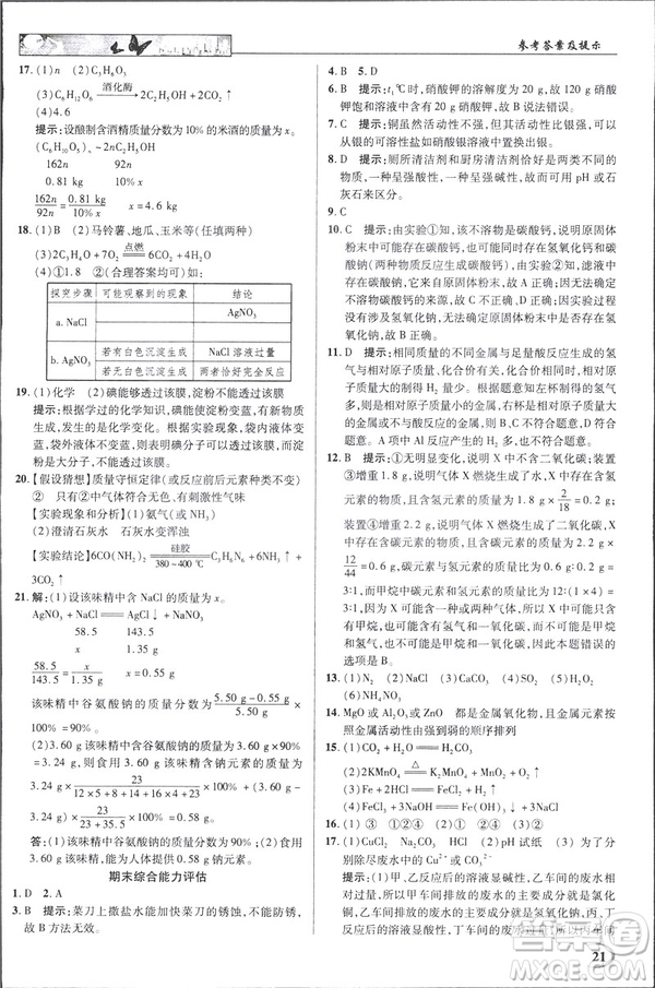 2019春新世紀(jì)英才教程人教版中學(xué)奇跡課堂九年級化學(xué)下冊答案