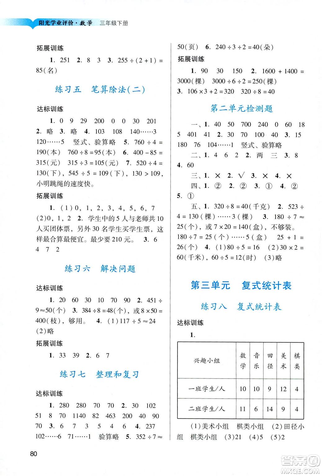 2019人教版陽(yáng)光學(xué)業(yè)評(píng)價(jià)小學(xué)三年級(jí)下冊(cè)數(shù)學(xué)廣州地區(qū)用答案