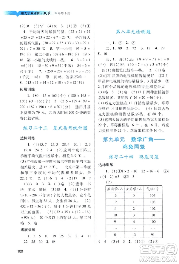 2019陽光學(xué)業(yè)評價四年級下冊數(shù)學(xué)人教版廣州專用答案