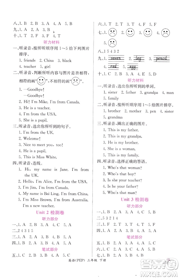 2019新版人教版PEP版小學(xué)三年級下冊英語課時練同步導(dǎo)學(xué)案參考答案