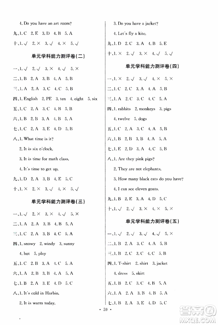 人教版PEP2019版小學(xué)四年級(jí)下冊(cè)英語能力培養(yǎng)與測(cè)試參考答案