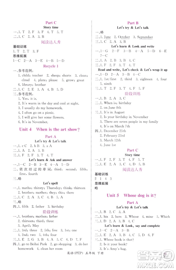 2019人教版五年級下冊英語同步導(dǎo)學(xué)案課時練參考答案