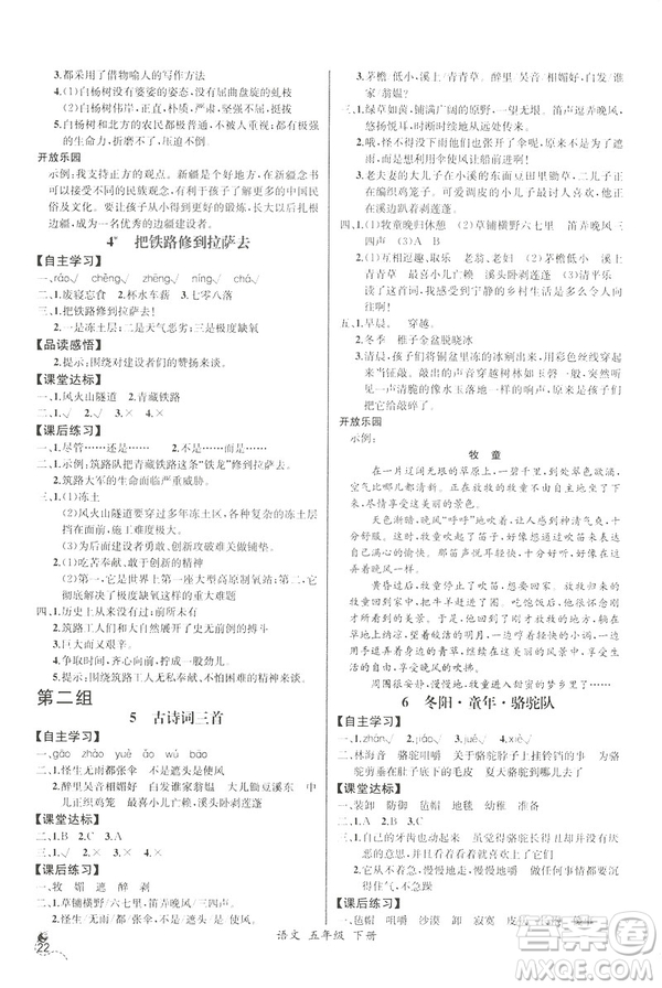 2019新人教版小學(xué)五年級(jí)下冊(cè)語(yǔ)文課時(shí)練同步導(dǎo)學(xué)案河北專(zhuān)版答案