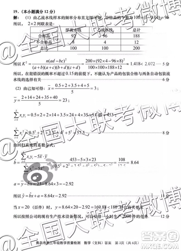 2019年3月青島一模數(shù)學參考答案