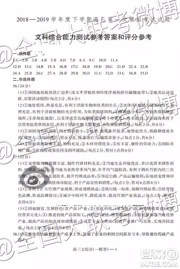 遼南協(xié)作體2019屆高三下學(xué)期第一次模擬考試文綜理綜答案解析