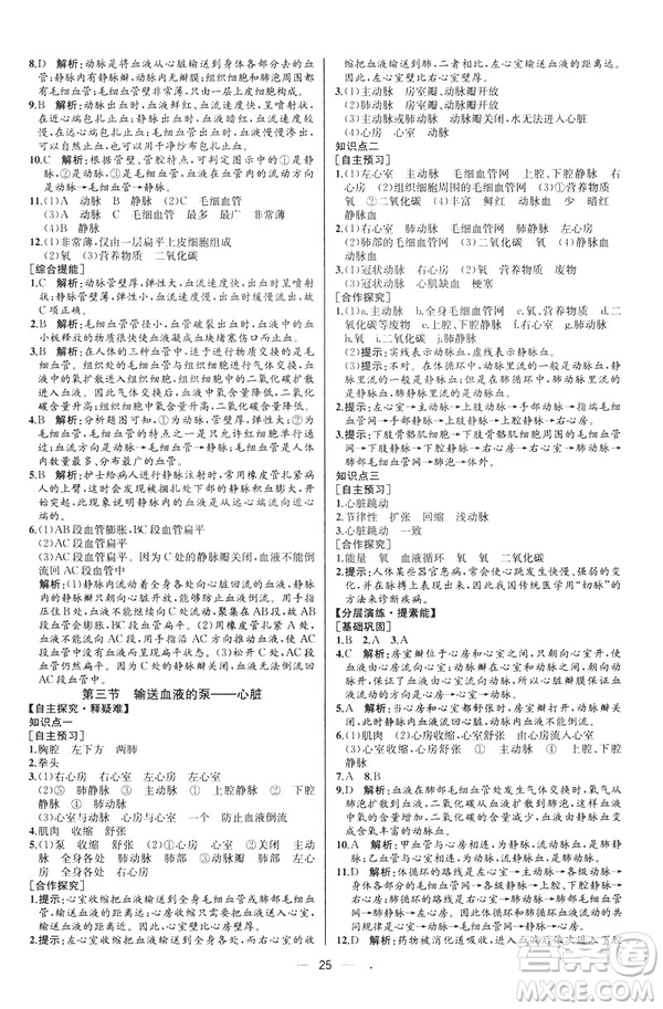 2019人教版七年級下冊生物學(xué)課時(shí)練同步學(xué)歷案河北專版參考答案