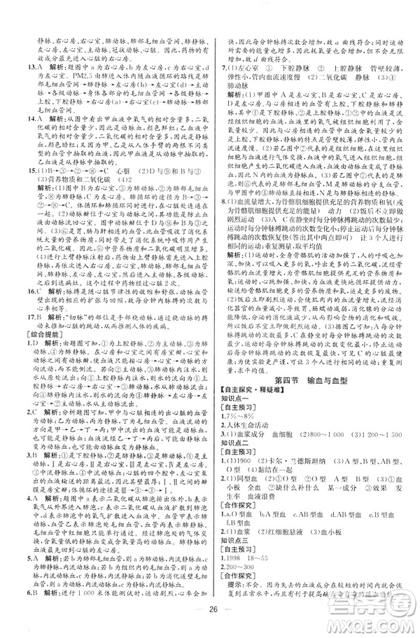 2019人教版七年級下冊生物學(xué)課時(shí)練同步學(xué)歷案河北專版參考答案