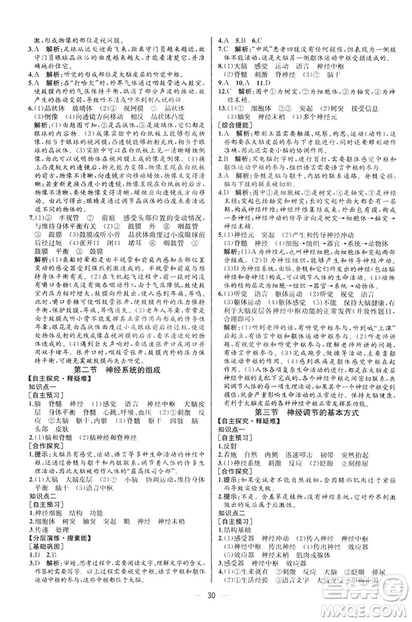 2019人教版七年級下冊生物學(xué)課時(shí)練同步學(xué)歷案河北專版參考答案
