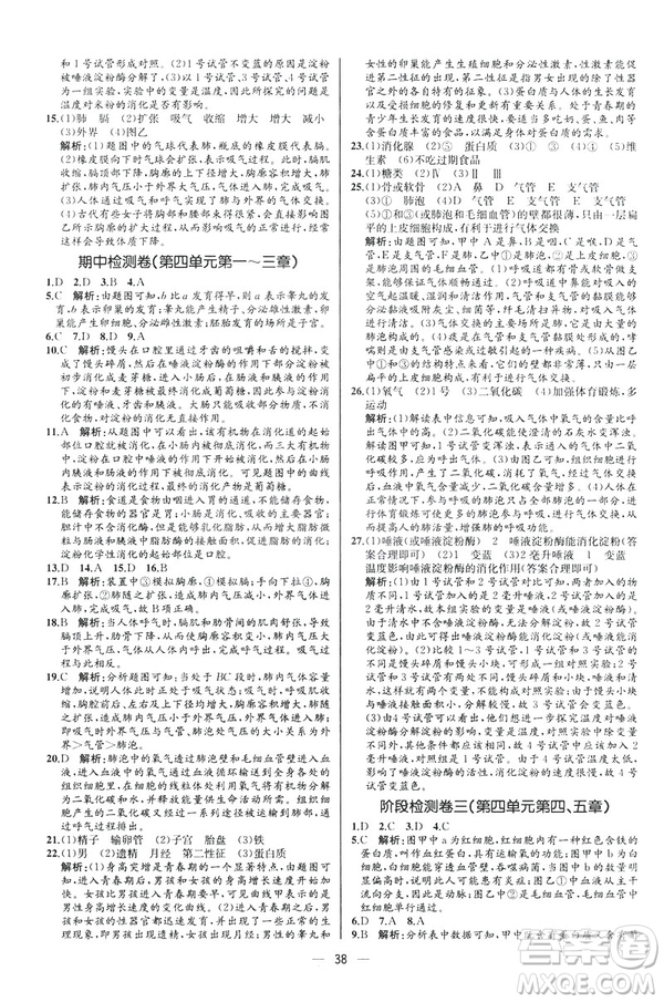 2019人教版七年級下冊生物學(xué)課時(shí)練同步學(xué)歷案河北專版參考答案