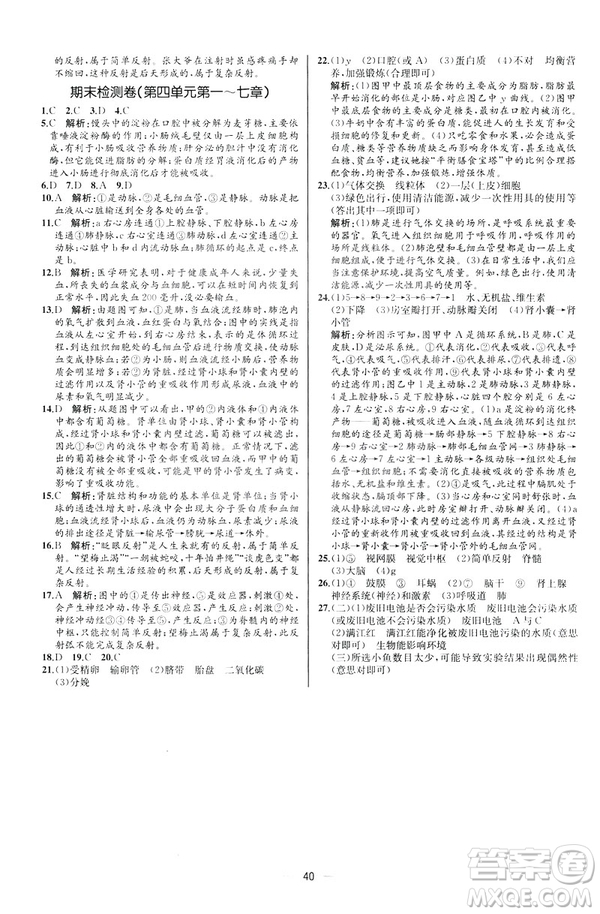 2019人教版七年級下冊生物學(xué)課時(shí)練同步學(xué)歷案河北專版參考答案