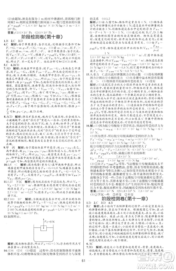 2019人教版八年級下冊物理課時練同步學歷案河北專版參考答案