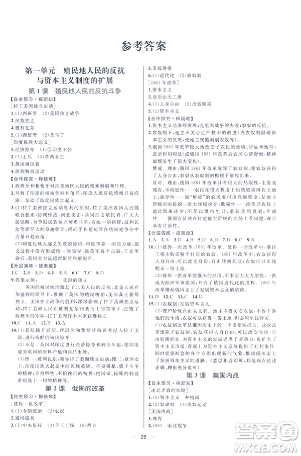 2019人教版課時(shí)練九年級(jí)下冊(cè)世界歷史同步學(xué)歷案答案