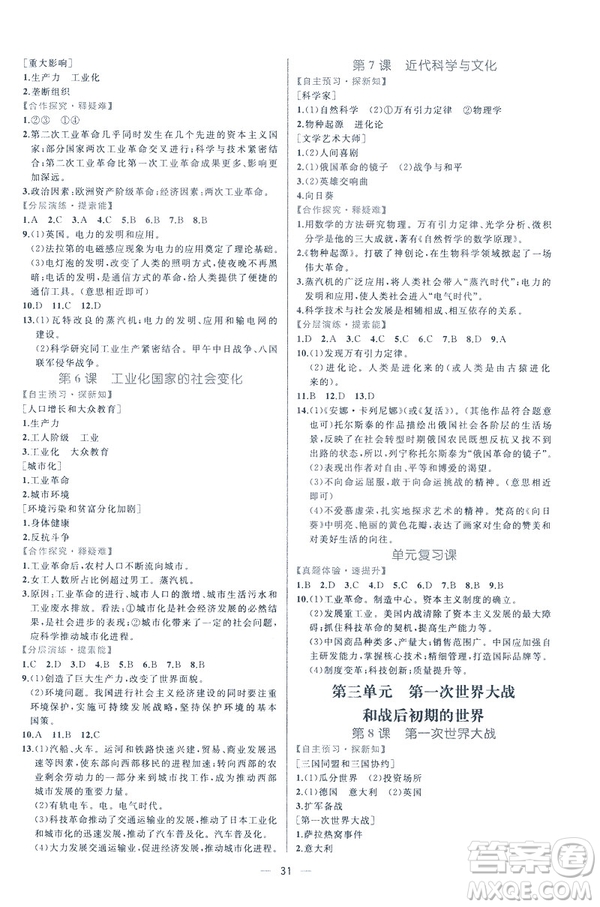 2019人教版課時(shí)練九年級(jí)下冊(cè)世界歷史同步學(xué)歷案答案