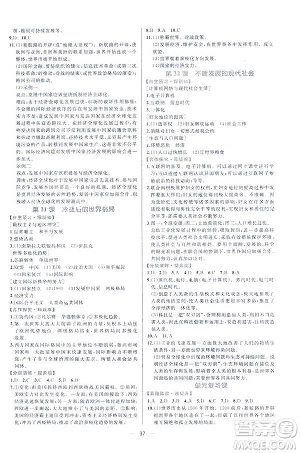 2019人教版課時(shí)練九年級(jí)下冊(cè)世界歷史同步學(xué)歷案答案